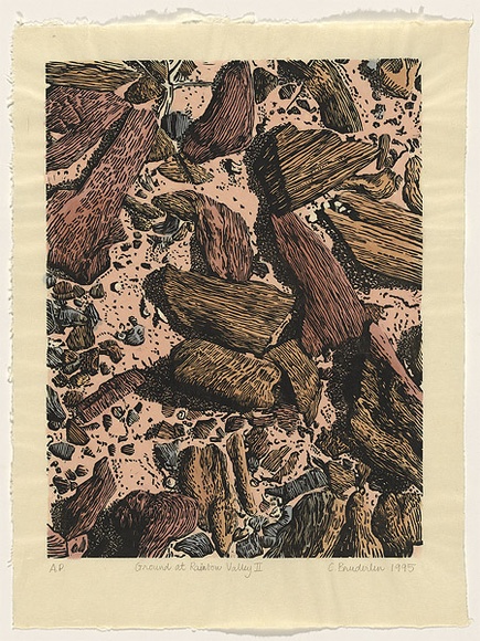 Artist: b'Bruderlin, Christine.' | Title: b'Ground at Rainbow Valley II.' | Date: 1995 | Technique: b'linocut, printed in black ink, from one block; hand-coloured' Artist: b'Bruderlin, Christine.' | Title: b'Ground at Rainbow Valley II.' | Date: 1995 | Technique: b'linocut, printed in black ink, from one block; hand-coloured'
