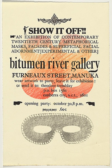 Artist: b'Tremblay, Theo.' | Title: b'Show it off' | Date: 1982 | Technique: b'letterpress and lithograph, printed in colour, from one plate and one stone' Artist: b'Tremblay, Theo.' | Title: b'Show it off' | Date: 1982 | Technique: b'letterpress and lithograph, printed in colour, from one plate and one stone'
