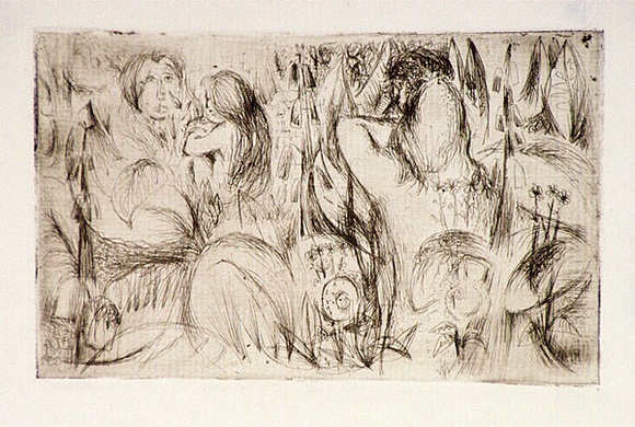 Artist: b'Barwell, Geoff.' | Title: b'(Children among tall grasses).' | Date: (1955) | Technique: b'etching and drypoint, printed in sepia ink with plate-tone, from one plate' Artist: b'Barwell, Geoff.' | Title: b'(Children among tall grasses).' | Date: (1955) | Technique: b'etching and drypoint, printed in sepia ink with plate-tone, from one plate'