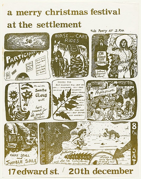 Artist: b'WORSTEAD, Paul' | Title: b'A Merry Christmas festival at the Settlement' | Date: 1975 | Technique: b'screenprint' | Copyright: b'This work appears on screen courtesy of the artist' Artist: b'WORSTEAD, Paul' | Title: b'A Merry Christmas festival at the Settlement' | Date: 1975 | Technique: b'screenprint' | Copyright: b'This work appears on screen courtesy of the artist'