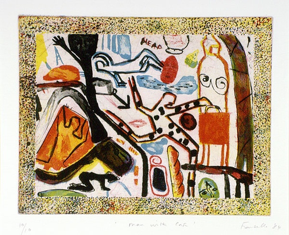 Artist: b'Fransella, Graham.' | Title: b'Man with case.' | Date: 1984 | Technique: b'etching and aquatint printed in colour' | Copyright: b'Courtesy of the artist' Artist: b'Fransella, Graham.' | Title: b'Man with case.' | Date: 1984 | Technique: b'etching and aquatint printed in colour' | Copyright: b'Courtesy of the artist'