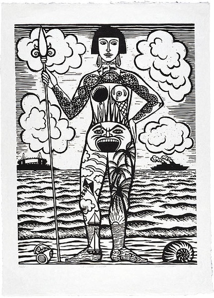 Artist: b'Klein, Deborah.' | Title: b'St Kilda warrior.' | Date: 1997 | Technique: b'linocut, printed in black ink, from one block' Artist: b'Klein, Deborah.' | Title: b'St Kilda warrior.' | Date: 1997 | Technique: b'linocut, printed in black ink, from one block'