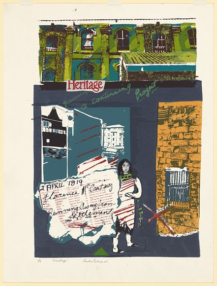 Artist: b'Tickner, Pauline.' | Title: b'Heritage' | Date: 1985 | Technique: b'screenprint, printed in colour, from multiple stencils' Artist: b'Tickner, Pauline.' | Title: b'Heritage' | Date: 1985 | Technique: b'screenprint, printed in colour, from multiple stencils'