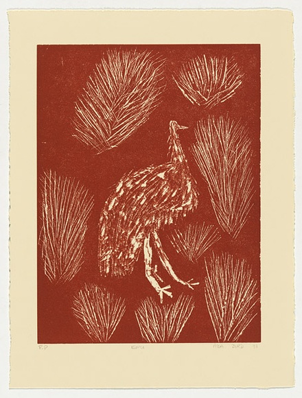 Artist: b'Bird Petyarre, Ada.' | Title: b'Emu' | Date: 1991 | Technique: b'linocut, printed in red ink, from one block' | Copyright: b'\xc2\xa9 Ada Bird Petyarr. Licensed by VISCOPY, Australia' Artist: b'Bird Petyarre, Ada.' | Title: b'Emu' | Date: 1991 | Technique: b'linocut, printed in red ink, from one block' | Copyright: b'\xc2\xa9 Ada Bird Petyarr. Licensed by VISCOPY, Australia'