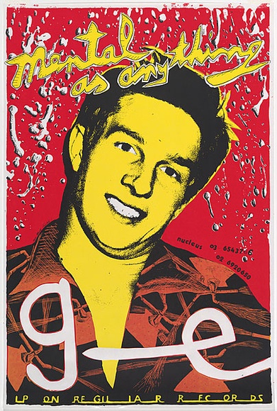 Artist: b'WORSTEAD, Paul' | Title: b'Mental as anything - Get wet.' | Date: 1979 | Technique: b'screenprint, printed in colour, from three stencils' | Copyright: b'This work appears on screen courtesy of the artist' Artist: b'WORSTEAD, Paul' | Title: b'Mental as anything - Get wet.' | Date: 1979 | Technique: b'screenprint, printed in colour, from three stencils' | Copyright: b'This work appears on screen courtesy of the artist'