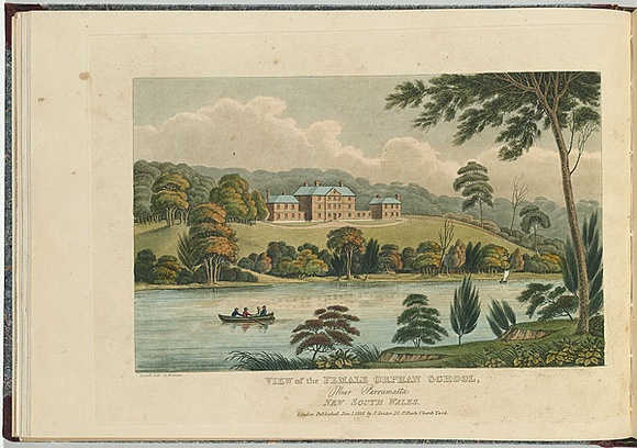 Artist: b'Lycett, Joseph.' | Title: b'View of the Female Orphan School, near Parramatta, New South Wales.' | Date: 1824 | Technique: b'etching and aquatint, printed in black ink, from one copper plate; hand-coloured'