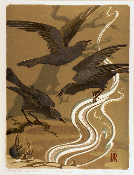 Artist: b'Palmer, Ethleen.' | Title: b'The Ravens' | Date: 1949 | Technique: b'screenprint, printed in colour, from multiple stencils' Artist: b'Palmer, Ethleen.' | Title: b'The Ravens' | Date: 1949 | Technique: b'screenprint, printed in colour, from multiple stencils'