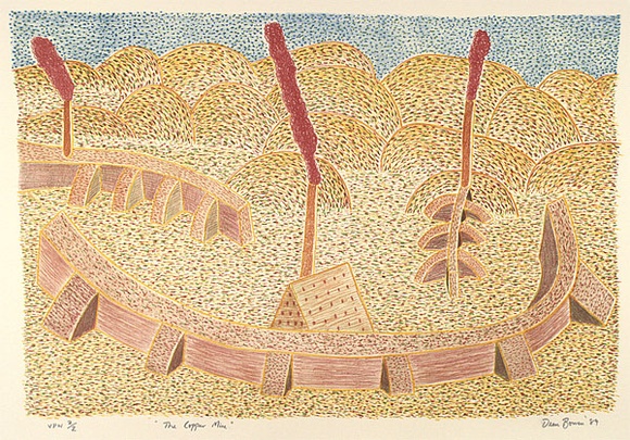 Artist: b'Bowen, Dean.' | Title: b'The copper mine' | Date: 1989 | Technique: b'lithograph, printed in colour, from multiple stones' Artist: b'Bowen, Dean.' | Title: b'The copper mine' | Date: 1989 | Technique: b'lithograph, printed in colour, from multiple stones'