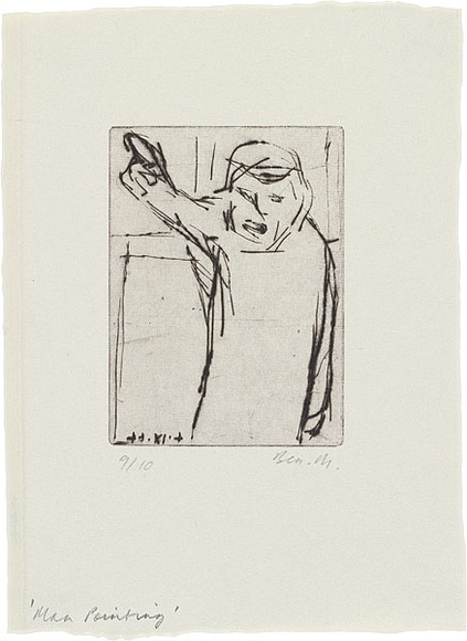 Artist: b'MADDOCK, Bea' | Title: b'Man pointing' | Date: 1964 | Technique: b'drypoint, printed in black ink, from one copper plate' Artist: b'MADDOCK, Bea' | Title: b'Man pointing' | Date: 1964 | Technique: b'drypoint, printed in black ink, from one copper plate'