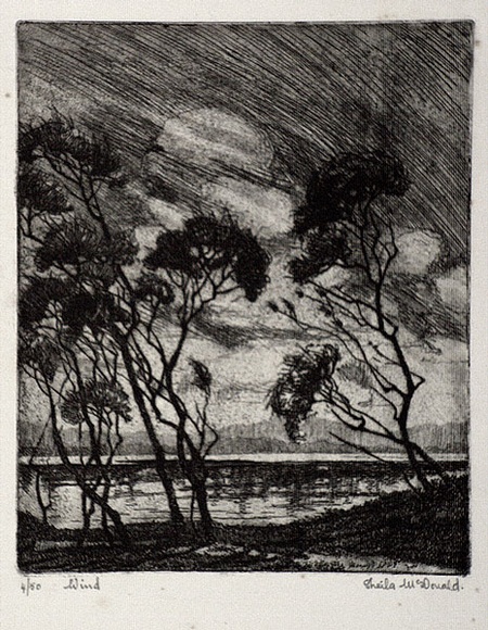 Artist: b'McDonald, Sheila.' | Title: b'Wind' | Date: 1930s | Technique: b'etching, aquatint printed in green ink with plate-tone' Artist: b'McDonald, Sheila.' | Title: b'Wind' | Date: 1930s | Technique: b'etching, aquatint printed in green ink with plate-tone'