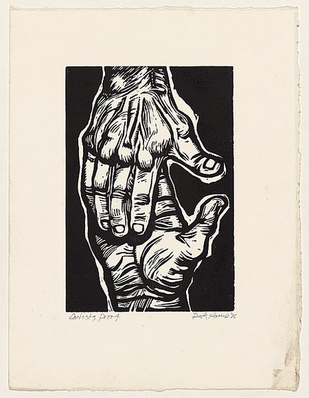 Artist: b'AMOR, Rick' | Title: b'not titled (two hands meeting).' | Date: 1976 | Technique: b'linocut, printed in black ink, from one plate' Artist: b'AMOR, Rick' | Title: b'not titled (two hands meeting).' | Date: 1976 | Technique: b'linocut, printed in black ink, from one plate'