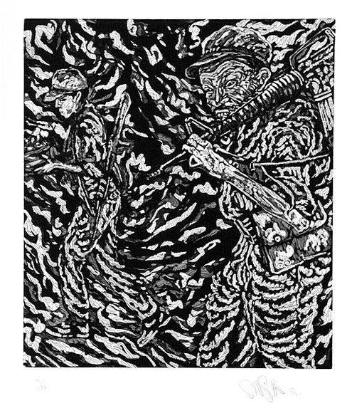 Artist: b'Gittoes, George.' | Title: b'The captured gun' | Date: 1988 | Technique: b'etching and aquatint, printed in black ink, from one plate' Artist: b'Gittoes, George.' | Title: b'The captured gun' | Date: 1988 | Technique: b'etching and aquatint, printed in black ink, from one plate'
