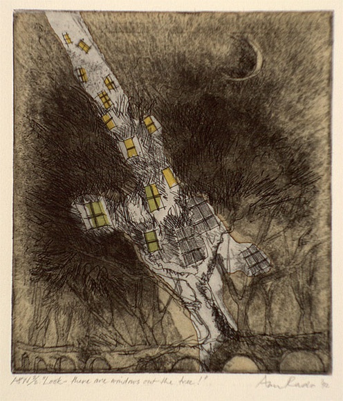 Artist: b'Rado, Ann.' | Title: b'Look - there are windows out the tree!' | Date: 1992 | Technique: b'aquatint, printed in black ink, from one plate (handpainted with green and yellow watercolour)' Artist: b'Rado, Ann.' | Title: b'Look - there are windows out the tree!' | Date: 1992 | Technique: b'aquatint, printed in black ink, from one plate (handpainted with green and yellow watercolour)'