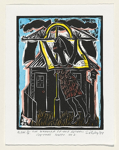 Artist: b'Sibley, Andrew.' | Title: b'The madonna of the rotary clothes hoist no. 2' | Date: 1999 | Technique: b'linocut, printed in black ink, from one block; hand-coloured' Artist: b'Sibley, Andrew.' | Title: b'The madonna of the rotary clothes hoist no. 2' | Date: 1999 | Technique: b'linocut, printed in black ink, from one block; hand-coloured'