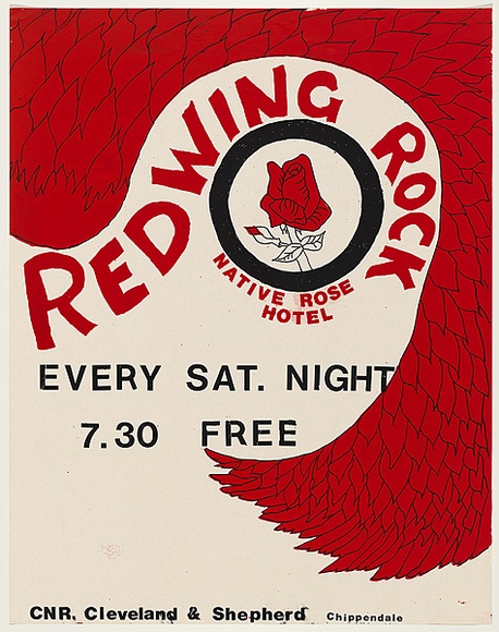 Artist: b'UNKNOWN' | Title: b'Red Wing Rock. Native Rose Hotel...Chippendale.' | Date: 1978 | Technique: b'screenprint, printed in colour, from two stencils' Artist: b'UNKNOWN' | Title: b'Red Wing Rock. Native Rose Hotel...Chippendale.' | Date: 1978 | Technique: b'screenprint, printed in colour, from two stencils'