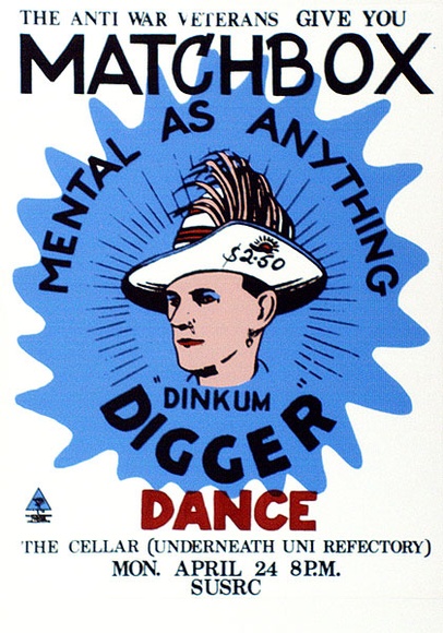 Artist: b'HOLDWAY, Di' | Title: b'The anti war veterans give you Dinkum Digger Dance.' | Date: 1978 | Technique: b'screenprint, printed in colour, from three stencils' Artist: b'HOLDWAY, Di' | Title: b'The anti war veterans give you Dinkum Digger Dance.' | Date: 1978 | Technique: b'screenprint, printed in colour, from three stencils'
