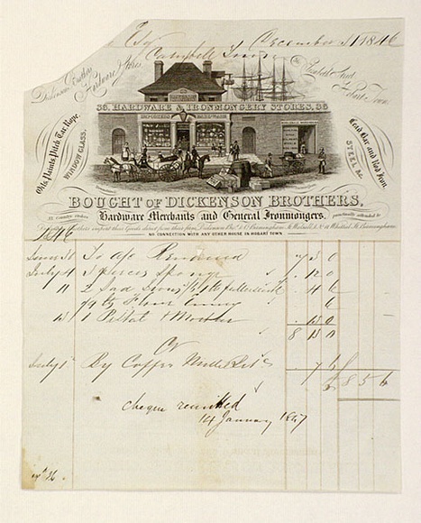 Artist: b'Devonshire, Henry.' | Title: b'Billhead: Dickenson Brothers. Hardware Merchants and General Ironmongers, Hobart Town.' | Date: c.1840 | Technique: b'line-engraving, printed in black ink, from one copper plate; pen and ink inscriptions' Artist: b'Devonshire, Henry.' | Title: b'Billhead: Dickenson Brothers. Hardware Merchants and General Ironmongers, Hobart Town.' | Date: c.1840 | Technique: b'line-engraving, printed in black ink, from one copper plate; pen and ink inscriptions'
