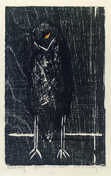 Artist: b'Buckley, Sue.' | Title: b'Bird in the rain.' | Date: 1961 | Technique: b'woodcut, printed in black ink, from one block; hand-coloured' | Copyright: b'This work appears on screen courtesy of Sue Buckley and her sister Jean Hanrahan' Artist: b'Buckley, Sue.' | Title: b'Bird in the rain.' | Date: 1961 | Technique: b'woodcut, printed in black ink, from one block; hand-coloured' | Copyright: b'This work appears on screen courtesy of Sue Buckley and her sister Jean Hanrahan'