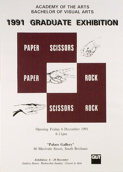 Artist: b'ACCESS 8' | Title: b'Academy of the Arts, Bachelor of Visual Arts: 1991 Graduate Exhibition.' | Date: 1991, November | Technique: b'screenprint, printed in black and maroon, from two stencils' Artist: b'ACCESS 8' | Title: b'Academy of the Arts, Bachelor of Visual Arts: 1991 Graduate Exhibition.' | Date: 1991, November | Technique: b'screenprint, printed in black and maroon, from two stencils'