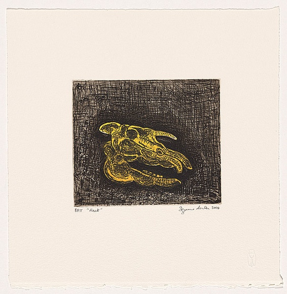 Artist: b'Archer, Suzanne.' | Title: b'Hack' | Date: 2004 | Technique: b'etching and aquatint, printed black ink, from one plate; additional colouring through stencil' Artist: b'Archer, Suzanne.' | Title: b'Hack' | Date: 2004 | Technique: b'etching and aquatint, printed black ink, from one plate; additional colouring through stencil'
