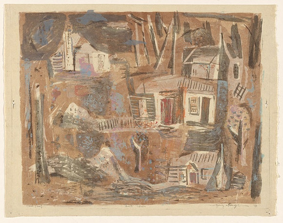 Artist: b'MACQUEEN, Mary' | Title: b'Ghost town' | Date: 1964 | Technique: b'lithograph, printed in colour on recto and verso, from multiple plates' | Copyright: b'Courtesy Paulette Calhoun, for the estate of Mary Macqueen' Artist: b'MACQUEEN, Mary' | Title: b'Ghost town' | Date: 1964 | Technique: b'lithograph, printed in colour on recto and verso, from multiple plates' | Copyright: b'Courtesy Paulette Calhoun, for the estate of Mary Macqueen'