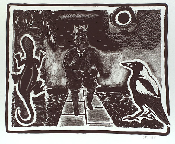 Artist: b'Francis, David.' | Title: b'(Image from a Victorian Print Workshop poster; man with crown walking down a path with lizard on the left, magpie on the right and moon in the background)' | Date: 1985 | Technique: b'lithograph, printed in black ink, from one stone' Artist: b'Francis, David.' | Title: b'(Image from a Victorian Print Workshop poster; man with crown walking down a path with lizard on the left, magpie on the right and moon in the background)' | Date: 1985 | Technique: b'lithograph, printed in black ink, from one stone'