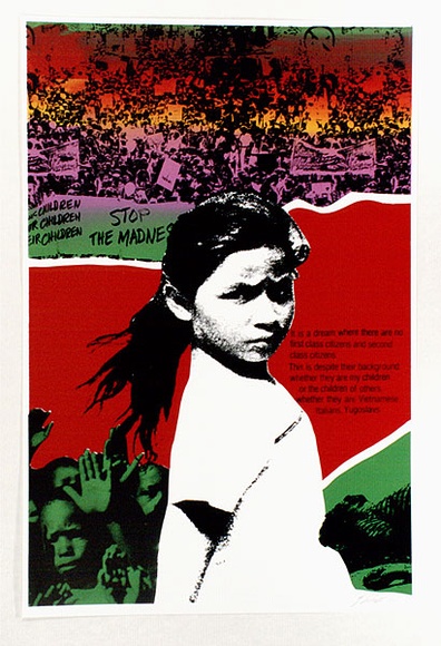 Artist: b'Hill, Eugenia.' | Title: b'Racism, a pillar of War 2' | Date: 1986 | Technique: b'screenprint, printed in colour, from multiple stencils'