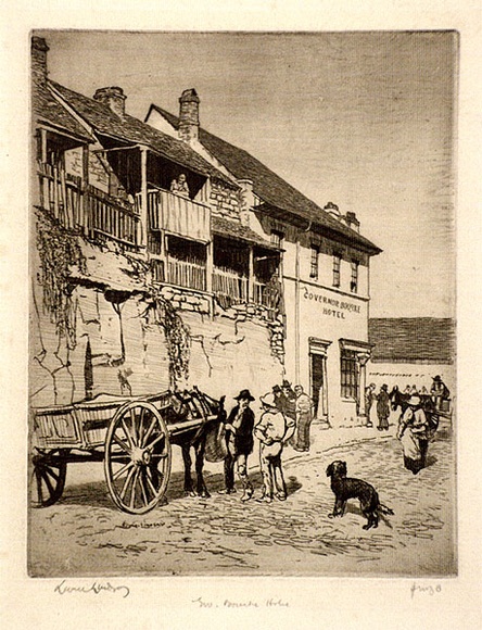 Artist: b'LINDSAY, Lionel' | Title: bGovernor Bourke' Hotel, Sussex Street, Sydney | Date: 1916 | Technique: b'etching, printed in brown ink with plate-tone, from one plate' | Copyright: b'Courtesy of the National Library of Australia' Artist: b'LINDSAY, Lionel' | Title: bGovernor Bourke' Hotel, Sussex Street, Sydney | Date: 1916 | Technique: b'etching, printed in brown ink with plate-tone, from one plate' | Copyright: b'Courtesy of the National Library of Australia'