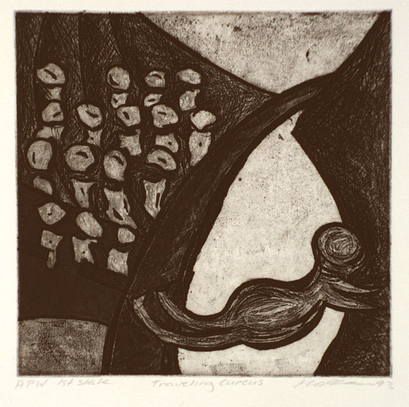 Artist: b'STAFFIERI, Mara' | Title: b'Travelling circus' | Date: 1993 | Technique: b'etching, printed in black ink, from one plate' Artist: b'STAFFIERI, Mara' | Title: b'Travelling circus' | Date: 1993 | Technique: b'etching, printed in black ink, from one plate'