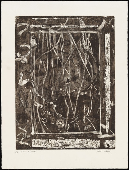 Artist: b'MEYER, Bill' | Title: bEtzim B'shalom | Date: 1988 | Technique: b'etching and aquatint, printed in sepia ink, from one zinc plate; a la poup\xc3\xa9e and plate-tone' | Copyright: b'\xc2\xa9 Bill Meyer' Artist: b'MEYER, Bill' | Title: bEtzim B'shalom | Date: 1988 | Technique: b'etching and aquatint, printed in sepia ink, from one zinc plate; a la poup\xc3\xa9e and plate-tone' | Copyright: b'\xc2\xa9 Bill Meyer'