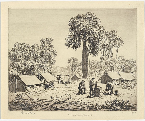 Artist: b'LINDSAY, Lionel' | Title: bMiner's camp, Cracow, Queensland | Date: 1932 | Technique: b'etching, printed in black ink with plate-tone, from one plate' | Copyright: b'Courtesy of the National Library of Australia' Artist: b'LINDSAY, Lionel' | Title: bMiner's camp, Cracow, Queensland | Date: 1932 | Technique: b'etching, printed in black ink with plate-tone, from one plate' | Copyright: b'Courtesy of the National Library of Australia'