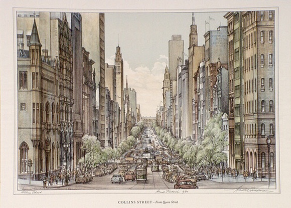 Artist: b'Freedman, Harold.' | Title: b'Collins Street - from Queens Street.' | Date: 1962 | Technique: b'lithograph' Artist: b'Freedman, Harold.' | Title: b'Collins Street - from Queens Street.' | Date: 1962 | Technique: b'lithograph'