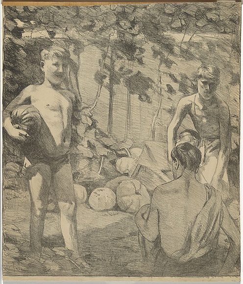 Artist: b'Reynolds, Frederick George.' | Title: b'Boys with pumpkins' | Date: 1927 | Technique: b'lithograph, printed in black ink, from one stone' Artist: b'Reynolds, Frederick George.' | Title: b'Boys with pumpkins' | Date: 1927 | Technique: b'lithograph, printed in black ink, from one stone'