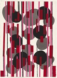 Title: b'not titled [vertical lines in pink red and grey over black and grey irregular circles]' | Date: 2011 | Technique: b'screenprint, printed in colour, from multiple stencils'