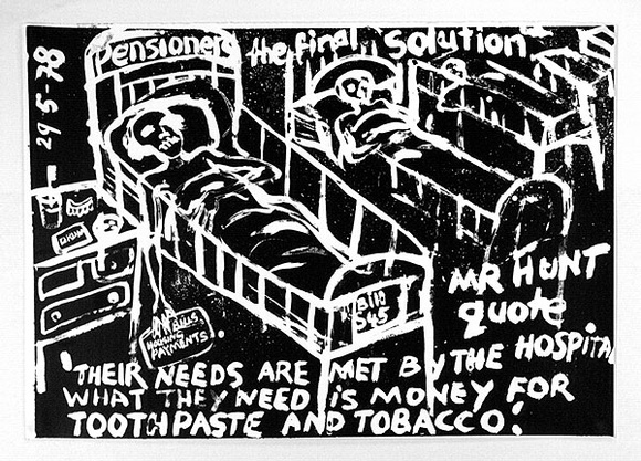 Artist: b'Gibb, Viva Jillian.' | Title: b'Pensioners, the final solution' | Date: 1978 | Technique: b'screenprint'