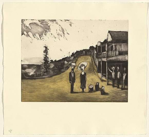 Artist: b'Shead, Garry.' | Title: b'Thirroul' | Date: 1994-95 | Technique: b'etching and aquatint, printed in warm black and yellow inks, from two plates' | Copyright: b'\xc2\xa9 Garry Shead' Artist: b'Shead, Garry.' | Title: b'Thirroul' | Date: 1994-95 | Technique: b'etching and aquatint, printed in warm black and yellow inks, from two plates' | Copyright: b'\xc2\xa9 Garry Shead'