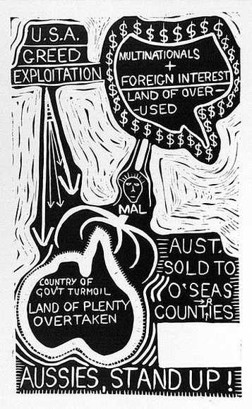 Artist: b'Bruton, Nevan.' | Title: bAussies stand up! (Poster supporting SEC maintenance workers' strike, La Trobe Valley, Victoria, 1977). | Date: (1977) | Technique: b'linocut, printed in black ink, from one block' Artist: b'Bruton, Nevan.' | Title: bAussies stand up! (Poster supporting SEC maintenance workers' strike, La Trobe Valley, Victoria, 1977). | Date: (1977) | Technique: b'linocut, printed in black ink, from one block'