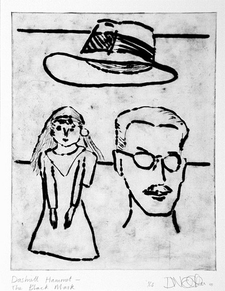 Artist: b'Walker, Deborah.' | Title: b'Dashiell Hammet: The black mask' | Date: 1985 | Technique: b'drypoint, printed in black ink with plate-tone, from one plate' | Copyright: b'\xc2\xa9 Deborah Walker. Licensed by VISCOPY, Australia' Artist: b'Walker, Deborah.' | Title: b'Dashiell Hammet: The black mask' | Date: 1985 | Technique: b'drypoint, printed in black ink with plate-tone, from one plate' | Copyright: b'\xc2\xa9 Deborah Walker. Licensed by VISCOPY, Australia'
