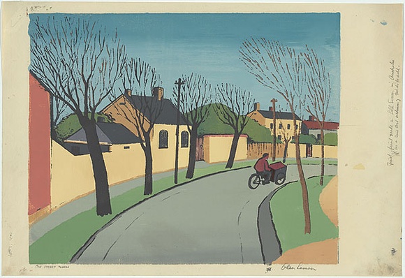 Artist: b'Sumner, Alan.' | Title: b'Side street, Toorak' | Date: c.1944 | Technique: b'screenprint, printed in colour, from nine stencils' Artist: b'Sumner, Alan.' | Title: b'Side street, Toorak' | Date: c.1944 | Technique: b'screenprint, printed in colour, from nine stencils'
