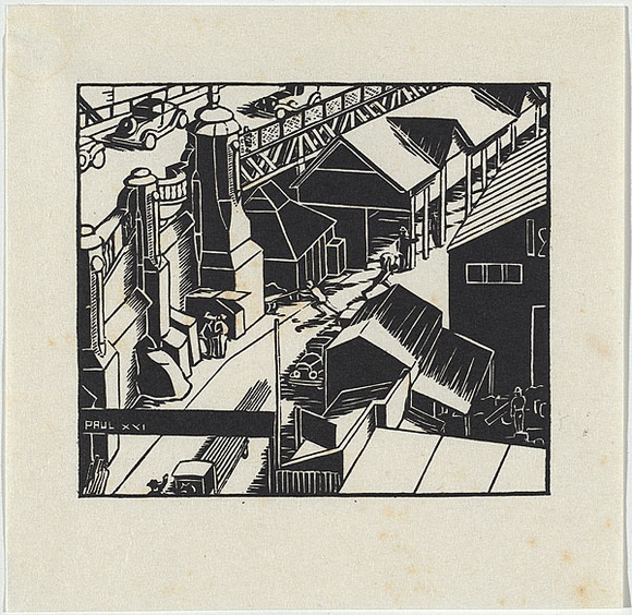 Artist: b'Haefliger, Paul.' | Title: b'Pyrmont bridge, Sydney.' | Date: c.1930 | Technique: b'woodcut, printed in black ink, from one block' Artist: b'Haefliger, Paul.' | Title: b'Pyrmont bridge, Sydney.' | Date: c.1930 | Technique: b'woodcut, printed in black ink, from one block'