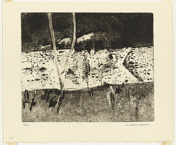 Artist: b'WILLIAMS, Fred' | Title: b'Yarra billabong, Kew. Number 1' | Date: 1975 | Technique: b'electric hand engraving tool, aquatint roulette, engraving, drypoint, biting, printed in black ink, from one copper plate' | Copyright: b'\xc2\xa9 Fred Williams Estate' Artist: b'WILLIAMS, Fred' | Title: b'Yarra billabong, Kew. Number 1' | Date: 1975 | Technique: b'electric hand engraving tool, aquatint roulette, engraving, drypoint, biting, printed in black ink, from one copper plate' | Copyright: b'\xc2\xa9 Fred Williams Estate'