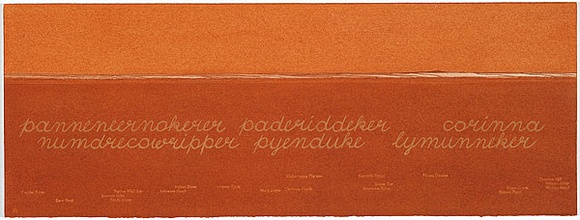 Artist: b'MADDOCK, Bea' | Title: b'Terra Spiritus...with a darker shade of pale' | Date: 1993-98 | Technique: b'stencil print, printed in hand-ground Launceston ochre from multiple hand-cut mylar stencils; letterpress text blind printed; hand-drawn script' Artist: b'MADDOCK, Bea' | Title: b'Terra Spiritus...with a darker shade of pale' | Date: 1993-98 | Technique: b'stencil print, printed in hand-ground Launceston ochre from multiple hand-cut mylar stencils; letterpress text blind printed; hand-drawn script'