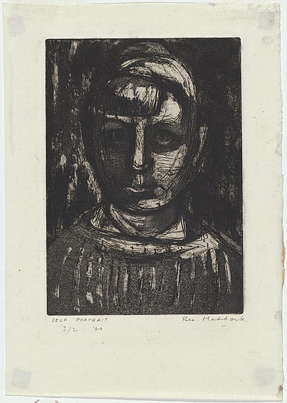 Artist: b'MADDOCK, Bea' | Title: b'Self-portrait' | Date: 1960 | Technique: b'etching, aquatint and softground etching, printed in black ink, from one zinc plate' Artist: b'MADDOCK, Bea' | Title: b'Self-portrait' | Date: 1960 | Technique: b'etching, aquatint and softground etching, printed in black ink, from one zinc plate'