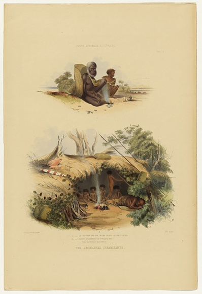 Artist: b'Angas, George French.' | Title: b'An old man and girl on the shores of the Coorong; Native encampment at Portland Bay.' | Date: 1846-47 | Technique: b'lithograph, printed in colour, from multiple stones; varnish highlights by brush' Artist: b'Angas, George French.' | Title: b'An old man and girl on the shores of the Coorong; Native encampment at Portland Bay.' | Date: 1846-47 | Technique: b'lithograph, printed in colour, from multiple stones; varnish highlights by brush'