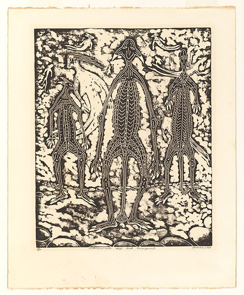 Artist: b'Hayward Pooaraar, Bevan.' | Title: b'Anthropomorph Midst Rock Arrangements' | Date: 1989 | Technique: b'linocut, printed in black ink, from one block' Artist: b'Hayward Pooaraar, Bevan.' | Title: b'Anthropomorph Midst Rock Arrangements' | Date: 1989 | Technique: b'linocut, printed in black ink, from one block'