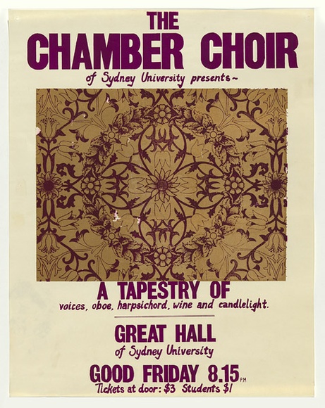 Artist: b'MACKINOLTY, Chips' | Title: b'The Chamber Choir of Sydney University' | Date: c.1975 | Technique: b'screenprint, printed in colour, from two stencils' Artist: b'MACKINOLTY, Chips' | Title: b'The Chamber Choir of Sydney University' | Date: c.1975 | Technique: b'screenprint, printed in colour, from two stencils'