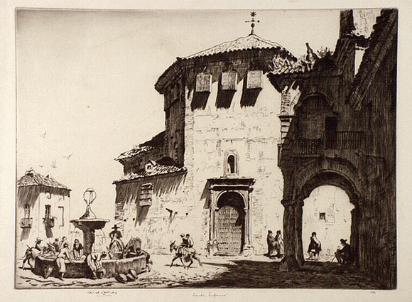 Artist: b'LINDSAY, Lionel' | Title: b'Convent of Santa Eufemia, Antequera' | Date: 1928 | Technique: b'drypoint, printed in brown ink with plate-tone, from one plate' | Copyright: b'Courtesy of the National Library of Australia' Artist: b'LINDSAY, Lionel' | Title: b'Convent of Santa Eufemia, Antequera' | Date: 1928 | Technique: b'drypoint, printed in brown ink with plate-tone, from one plate' | Copyright: b'Courtesy of the National Library of Australia'