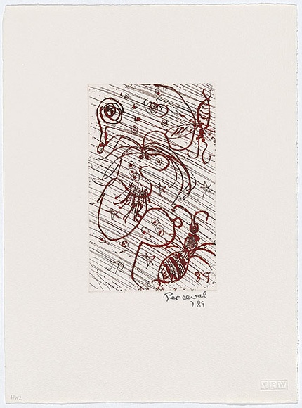 Artist: b'Perceval, John.' | Title: b'Confused by the rain' | Date: 1989 | Technique: b'etching, printed in black and yellow ink, from one plate' | Copyright: b'\xc2\xa9 John Perceval. Licensed by VISCOPY, Australia' Artist: b'Perceval, John.' | Title: b'Confused by the rain' | Date: 1989 | Technique: b'etching, printed in black and yellow ink, from one plate' | Copyright: b'\xc2\xa9 John Perceval. Licensed by VISCOPY, Australia'
