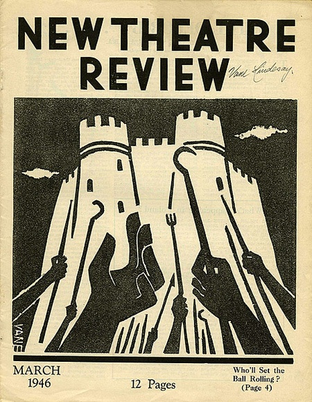 Title: b'New theatre review: March 1946' | Date: February 1946 | Technique: b'linocut, printed in black ink, from one block; letterpress text' Title: b'New theatre review: March 1946' | Date: February 1946 | Technique: b'linocut, printed in black ink, from one block; letterpress text'