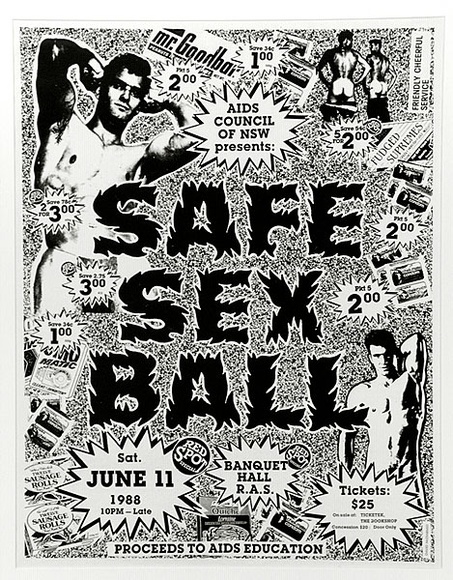 Artist: b'McDiarmid, David.' | Title: b'Safe Sex Ball' | Date: 1988 | Technique: b'screenprint, printed in black ink, from one stencil' Artist: b'McDiarmid, David.' | Title: b'Safe Sex Ball' | Date: 1988 | Technique: b'screenprint, printed in black ink, from one stencil'